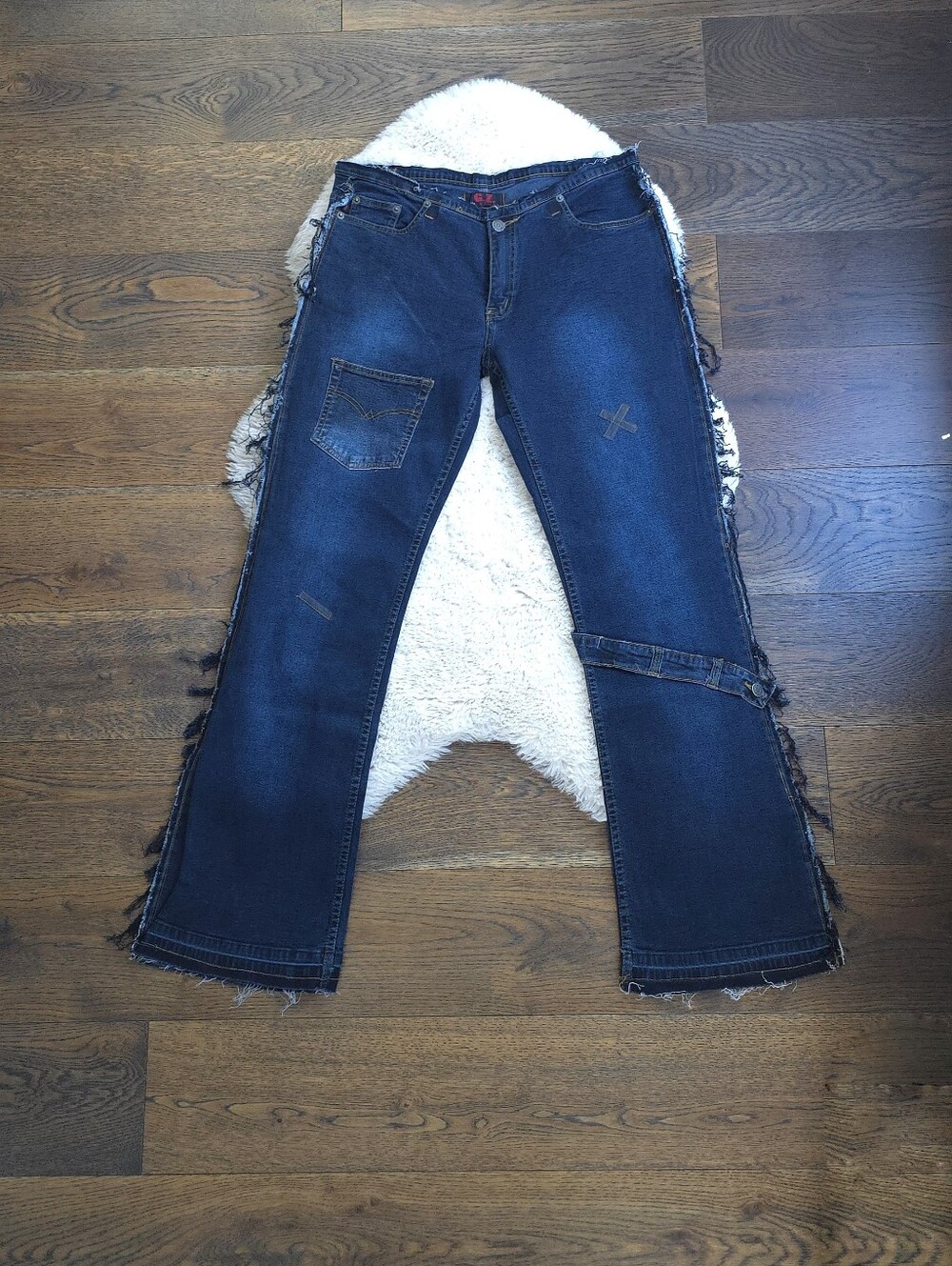 Deadstock Y2K Distressed Fringed Pocket Flared Leg Dark Denim Jeans